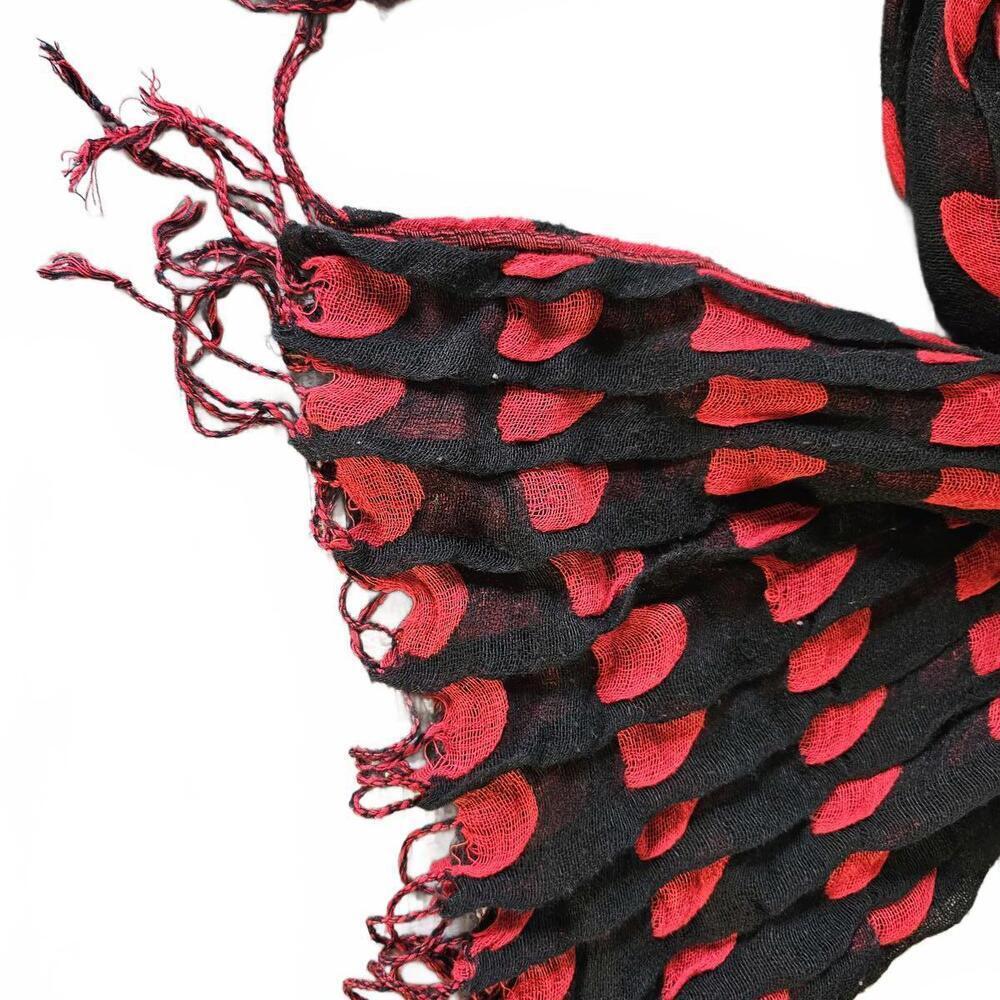 Red and Black Patterned Scarf with Fringe - Picture 2 of 3